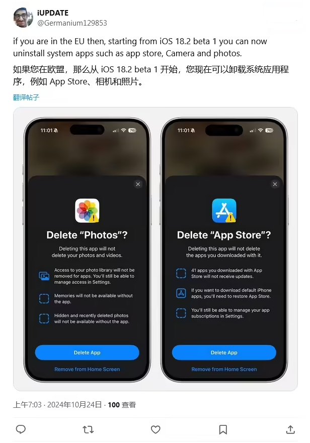 南丰苹果手机维修分享iOS 18.2 支持删除 App Store 应用商店 